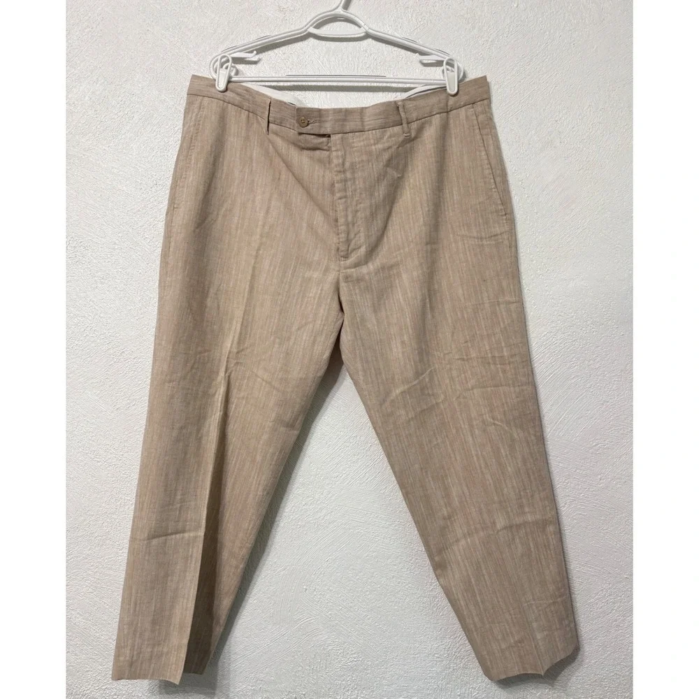 Paulo Solari Mens Tan Linen Blend Tailored Fit Dress Pants 44x30 Flat Front
